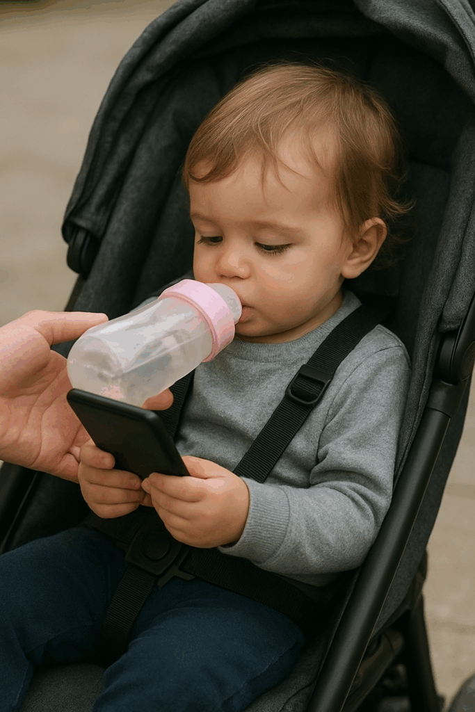 Kind mit Handy im Kinderwagen